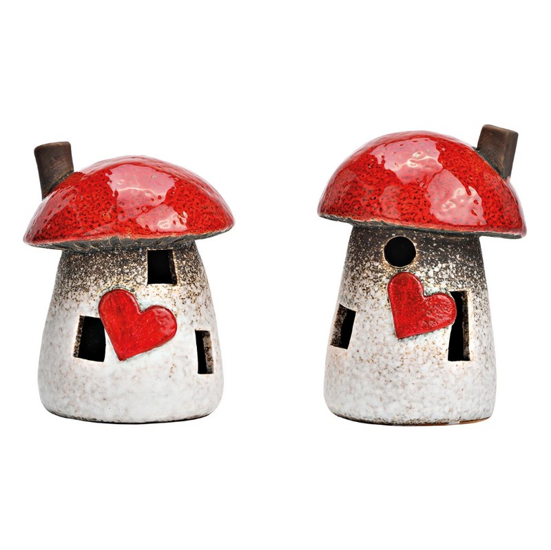 Portacandele a forma di casetta fungo in ceramica in 2 varianti assortite, perfetto come decorazione autunnale